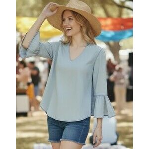 Boho Chambray Bell Sleeve Blouse Tie Back Blue Flowy Top M